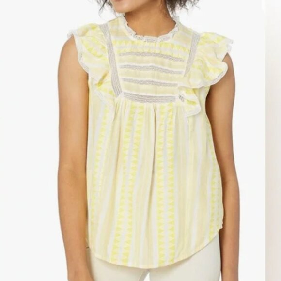 ELLA MOSS Empire Yellow Kinslee Short Flutter Sleeve Lace Trim Blouse—NWT—L - Picture 3 of 15